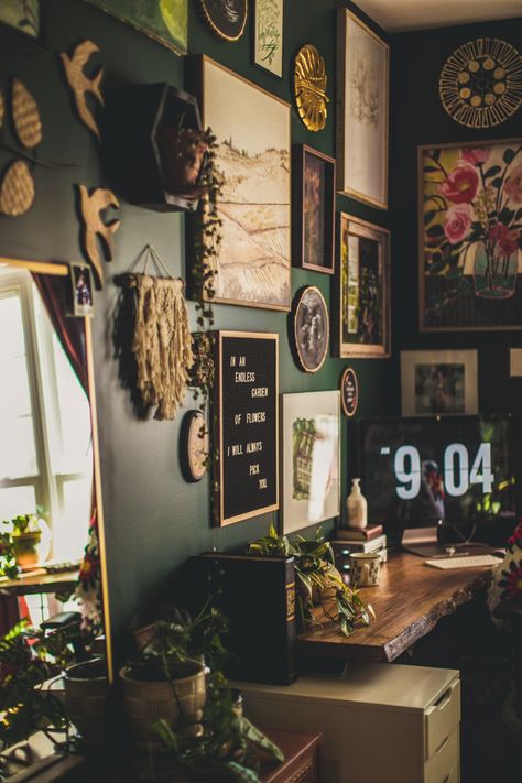 Bohemian Jungle Office Inspiration | vaughan-house.com Cluttercore Office, Jungle Theme Bathroom Ideas Master Bedrooms, Dark Wall Aesthetic Bedroom, Hipster Office Decor, Slytherin Living Room Ideas, Vintage Academia Aesthetic Room, Bohemian Witch Decor, Cozy Art Room Ideas, Vintage Decor Office