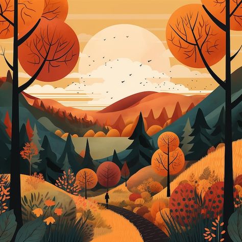 Nature Aesthetic Illustration, Illustration Art Forest, Autumn Nature Drawing, Procreate Illustration Ideas, Illustration Art Landscape, Fall Scenery Autumn Scenes, Illustrative Landscape, Autumn Animation, Fall Scene Illustration