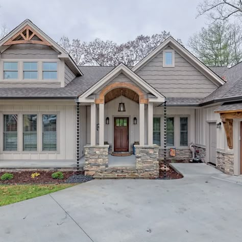 Craftsman Exterior With Garage, Board And Batten Siding On Ranch Style House, Farmhouse Exterior Not White, Board And Batten Siding With Stone Ranch, Transitional Craftsman Exterior, Mountain Craftsman Exterior Colors, Taupe Craftsman Exterior, Tan Hardie Board House, Siding Ideas Exterior Craftsman Style