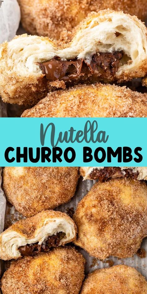 Nutella Churro Bombs are easy chocolate Biscuit Bombs coated in cinnamon sugar like a churro - these are perfect for breakfast, brunch or dessert! Pilsbury Desert, Desserts Made With Biscuit Dough, Pillsbury Biscuit Recipes Nutella, Breakfast Nutella Recipes, Dessert Using Biscuits, Baking Recipes Fall Desserts, Nutella And Pie Crust Recipes, Desserts To Make With Biscuits, Pillsbury Flaky Biscuit Recipes Desserts