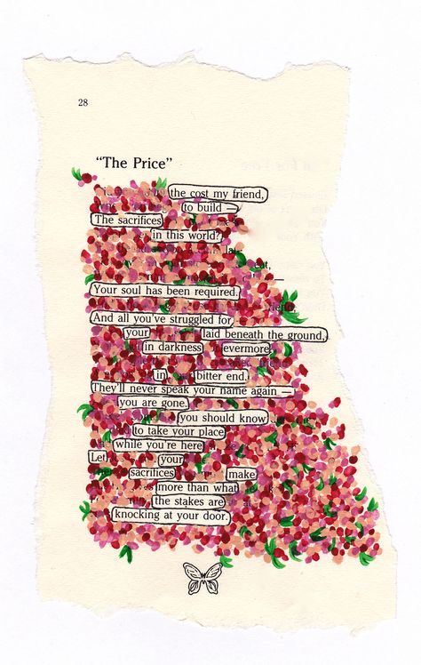 "The price"- Painted this on a page from a poetry book. By myself Brooklyn Watt. Blackout Poetry Art, Found Poetry, Poetry Ideas, Book Page Art, Blackout Poetry, Altered Book Art, Christmas Carols, Poetry Art, Poetry Book