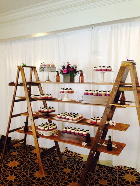 Cupcake Ladder!! A fun way to display your deserts. Ladder shelves by Farm Tables and More, cupcakes by Sugar Girl Confections, planning by Savvy Soirée LLC. Ladder Cupcake Display, Ladder Dessert Display, Cupcake Ladder, Cupcake Stand Ideas, Market Display Stand, Cake Table Design, Candy Cart Ideas, Cupcake Display Ideas, Cupcakes For Wedding