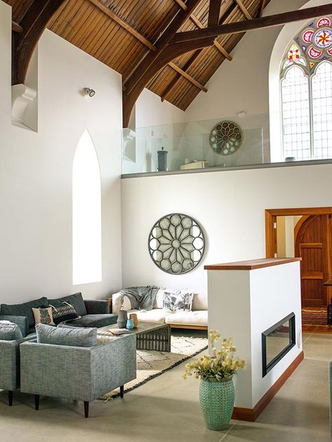 Divine conversion of a stone church into holiday home costs twice the budget - thisNZlife Remodeled Churches Into Homes, Chapel Conversion Interiors, Church Home Conversion, Renovated Churches Into Homes, Church Renovation Houses, Church House Conversion, Converted Church House, Chapel Renovation, Chapel Conversion