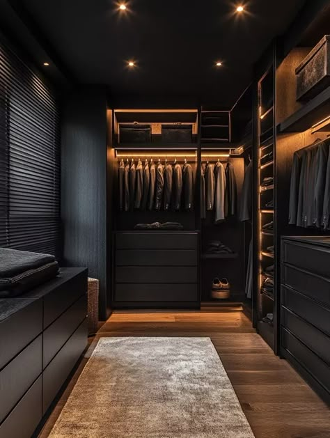 Bedroom Garderobe Ideas, Dark Walk In Closet, Black Walk In Closet, Walk In Closet Black, Mens Walk In Closet, Black Dressing Room, Small Walkin Closet Ideas, Modern Condo Interior Design, Hogwarts Bedroom