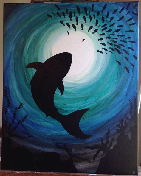 Underwater Silhouette Painting, Sillohette Projects Art, Drawing Of Underwater, Ocean Animals Painting Acrylic Easy, Ocean Animal Paintings Easy, Shark Painting Ideas, Underwater Art Drawing, Whale Painting Easy, Save Water Painting