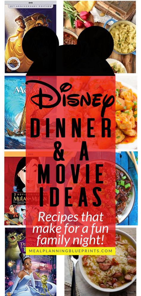 Make your family movie night extra special with Disney movie themed meals to match up with the movie! Here are some inspired Disney dinner recipes and the movie to watch it with. Add these ideas to your meal planning theme nights (Friday Fun night, maybe???). (p.s. these ideas are great for your picky eaters - they'll love having dinner match your Disney movie night!). Click now to see them! Dinner And Movie Ideas, Movie Themed Meals, Family Movie Night Themes, Disney Movie Night Menu, Themed Meals, Disney Themed Movie Night, Disney Movie Night Food, Disney Themed Food, Disney Movie Night Dinner