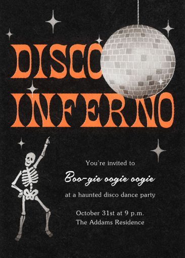 Customize 'Disco Inferno' Halloween Invitation online and send via email, text message, or a shareable link. Instantly track deliveries and opens, and message recipients. Halloween Disco Party, Halloween Invitation Ideas, Disco Invitations, Disco Halloween Party, Witches Dinner, Haunted Hallway, Masquerade Halloween Party, Tis Autumn, Halloween Disco