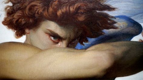 Lucifer painting. The quiet fury and resentment in his eyes, the tears for his loss, hands clasped together in an effort to control the intense emotions boiling inside while being scorned by the angelic bourgeoisie above... the first emo ever. Part 1 Hair, Blue Eyes, Alexandre Cabanel, Fallen Angel, A Man, Angel, Red, Blue