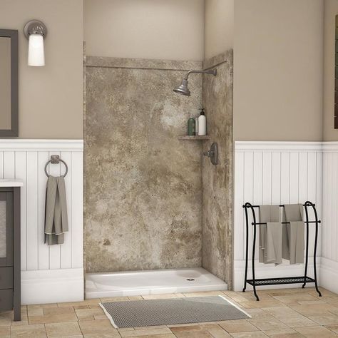 Flexstone Elegance 3 Mocha Travertine Panel Kit Shower Wall Surround (Common: 48-In X 36-In; Actual: 48-In X 36-In) Ssk4 Small Shower Insert, Alcove Shower Ideas, Bathroom Conversion, Stone Shower Walls, Shower Wall Kits, Restore Wood, Wall Material, Shower Wall Panels, Shower Walls