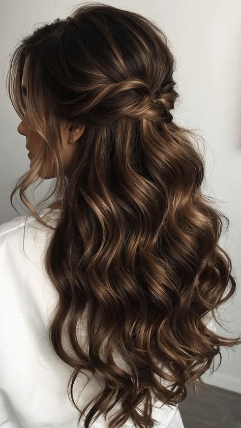 Dive into the Wave: 15 Wavy Hair Style Ideas for Your Perfect Look 45 Brunette Wavy Hairstyles, Hairstyles Wavy Hair Medium Wedding, Long Wavy Hair Bridesmaid, Wedding Hairstyles Thick Brown Hair, Half Up Half Down Wedding Hair Brown Long, Wedding Hairstyles Brunette Half Up, Soft Romantic Curls Wedding, Brunette Balayage Wedding Hair, Hairstyles Waves Long