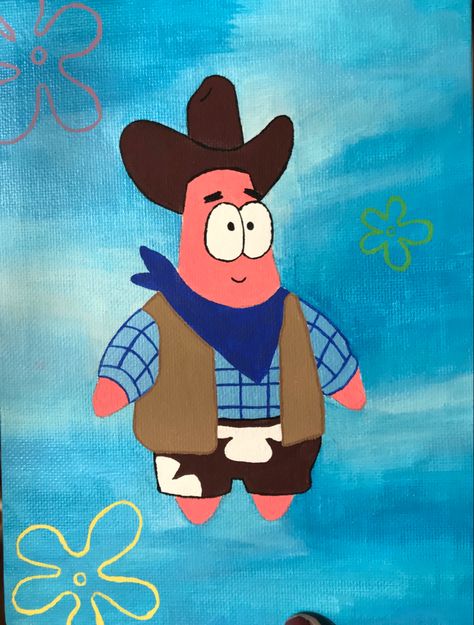 #cowboy #spongebob #patrick #painting Cowboy Patrick Spongebob, Funny Cartoon Painting Ideas On Canvas, Small Spongebob Painting, Patrick Star Painting Canvas, Funny Spongebob Painting Ideas, Spongebob Characters Painting, Cartoon Collage Painting, Patrick Painting On Canvas, Cowboy Spongebob