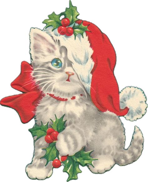 Vintage Cat Christmas Cards, Cute Christmas Postcard, Christmas Postcard Diy, Christmas Animals Illustration, Vintage Cat Illustration, Vintage Cat Christmas, Christmas Cat Art, Cat Christmas Cards, Postcards Diy