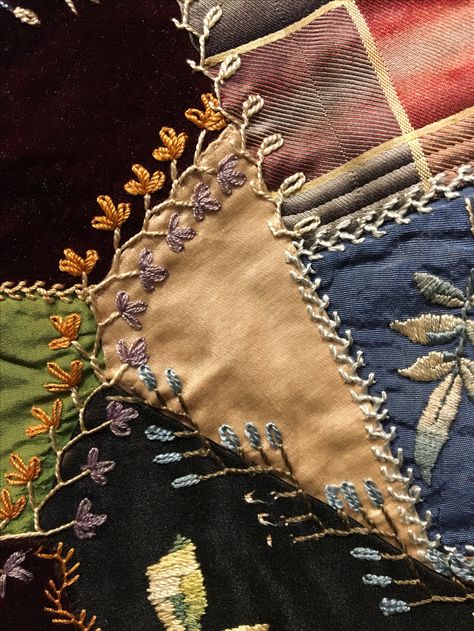 Crazy quilt, Lynchburg Museum Crazy Quilting For Beginners, Victorian Crazy Quilts, Crazy Quilts Ideas, Crazy Quilts For Beginners, Patchwork Cloak, Victorian Patchwork, Quilting By Hand, Crazy Quilt Tutorials, Crazy Patchwork Quilt