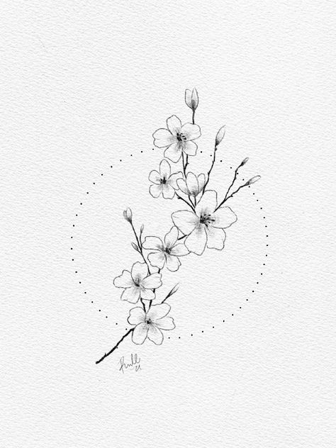 Pretty Line Art Drawings, Star Magnolia Tattoo, Japanese Cherry Blossom Tattoo Fine Line, Fine Line Cherry Blossom Tattoo Design, Sakura Fine Line Tattoo, Sakura Tattoo Black And White, Cherry Blossom Line Tattoo, Cherry Blossom Fine Line Tattoo, Fine Line Japanese Tattoo