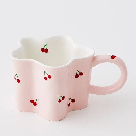 Cherry Ceramic, Neuro Divergent, Painted Cherries, Kitchen Wear, Cherry Pattern, Pink Coffee, Painted Cups, Unique Ceramics, Ceramic Cup