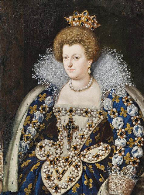 After Frans Pourbus II | Portrait of Maria de Medici (1573-1642), Queen Consort of France, half-length, in a blue dress embroidered with gold fluer-de-lys and adorned with pearls | early 17th Century, Paintings | Christie's Marie De Medici, Catherine De Medici, French Royalty, A4 Poster, Historical Costume, Portrait Gallery, Historical Dresses, Vintage Artwork, Marie Antoinette