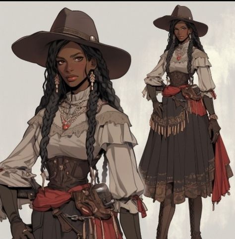 Black Cowgirl Character Art, Black Female Pirate Character Design, Dnd Archeologist, Black Cowgirl Art, Archeologist Character Design, Wild West Character Art, Cute Cowgirl Outfits Rodeo, Wild West Oc, Pirate Outfit Female