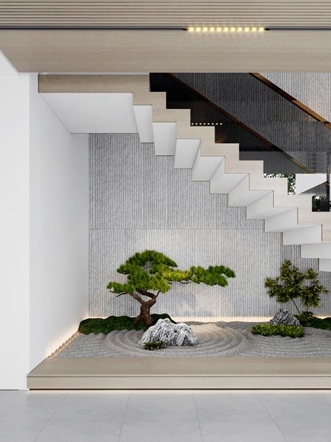 Landscaping Under Stairs, Zen Garden Interior Design, Bonsai Tree Home Decor, Under Stair Garden Indoor, Zen Garden Under Stairs, Japanese Staircase Design, Bonsai Interior Design, Zen Garden In House, Under Stairs Plants Ideas