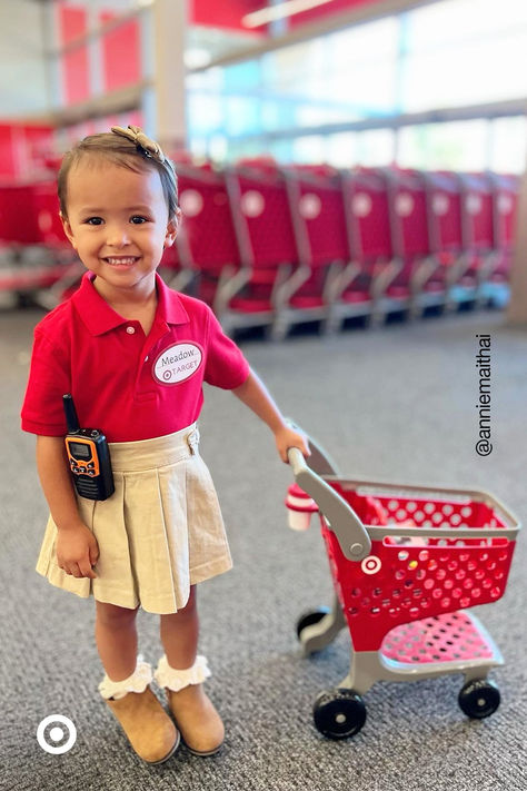 Get your little ones dressed as a Target store manager. Put together a cute costume for them—beige skort, a red polo & boots. Don’t forget the walkie & their mini carts for all their floor rounds. Target Halloween Costume, Target Employee Costume, Target Costume, Target Outfits, Halloween Costume Toddler Girl, Halloween Costumes Easy, Polo Boots, Target Store, Toddler Girl Halloween