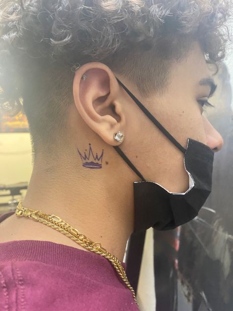 #tattooideas #mentattoo #summer #arizona #travel #yolo #tiktok Crown Behind Ear Tattoo Men, Back Ear Tattoo Men Guys, Behind Ear Tattoo Men Design, Name Tattoo With Crown, Behind The Ear Tattoo Ideas For Men, Ear Tattoo Men, Daughter Name Tattoo, Small Neck Tattoos Men, Behind Ear Tattoo Men