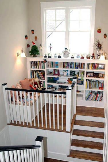 Industrial Library, Stair Nook, Reading Nook Kids, Top Of Stairs, Reading Nooks, Home Libraries, Library Design, Cozy Reading Nook, Cozy Nook