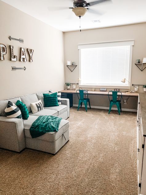 Homeschool Room Ideas In Living Room, Homework Area In Family Room, Loft Desk Ideas Homework Station, Playroom Ideas With Desk, Playroom With Desk Area, Homework Station Built In, Ikea Homework Station, Play And Study Room Ideas, Shared Office And Playroom