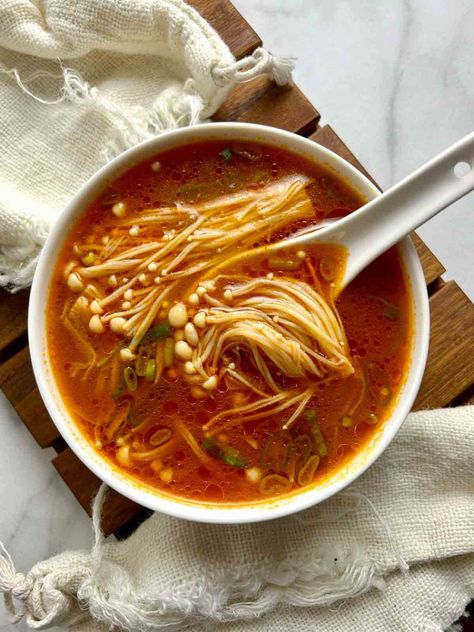 Tomato Enoki Mushroom Soup Enoki Mushroom Recipe, Hotpot Restaurant, Enoki Mushrooms, Beef Tomato, Mushroom Soup Recipe, Mushroom Soup Recipes, Latest Recipe, Mushroom Soup, Mushroom Recipes