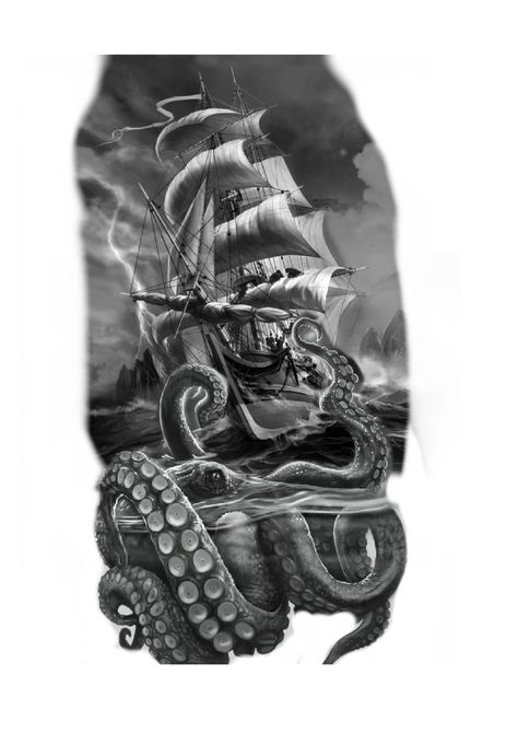 Ship And Kraken Tattoo Design, Kracken And Ship Tattoo, Cracken Octopus Ship Tattoo, Skull Kraken Tattoo Design, Nautical Back Tattoo Men, Kracken Tattoo Design, Kraken Tattoo Design Drawings, Pirate Ship Kraken Tattoo, Kraken Attacking Ship Tattoo