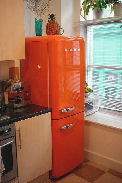 I know I keep saying I hate orange, but I would be okay with this.  :)  Not sure it would go well with everything else I'm envisioning, but it looks nice. Orange Interiors, Smeg Refrigerator, Orange Things, Smeg Fridge, Floor Designs, Office Architecture, Retro Fridge, Karrueche Tran, Interior Bathroom