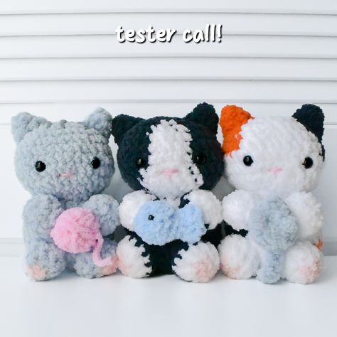 my 3-in-1 baby cats pattern will be released sunday, april 21st✨🐈 (Closed) Hiii🥰 I am looking for some crocheters to help me out with my new 3-in-1 kitties pattern! Testers will get the pattern for all three cats & accessories🤩🥳💞 This pattern will include: - grey cat - tuxedo cat - calico cat - yarn ball accessory - fish accessory - mouse toy accessory If you are interested in testing, keep reading!🥰 How to apply: - have a public crochet account (so I can see your work!) - follow me @croc... Cat Tuxedo, Cats Accessories, Cat Calico, Cats Pattern, Mouse Toy, Grey Cat, Three Cats, Tuxedo Cat, Yarn Ball