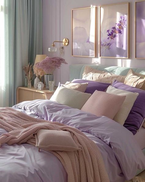 Wall Art Bedroom Purple, Bedroom Inspirations Pastel Colors, Paint Ideas For Apartment Walls, Bedroom Design With Curtains, Bedroom Decor Pastel Colors, Purple Wall Bedroom Decor, Interior Design Bedroom Colorful, Colourful Bedroom Decor Ideas, Bedroom Ideas Pastel Colors