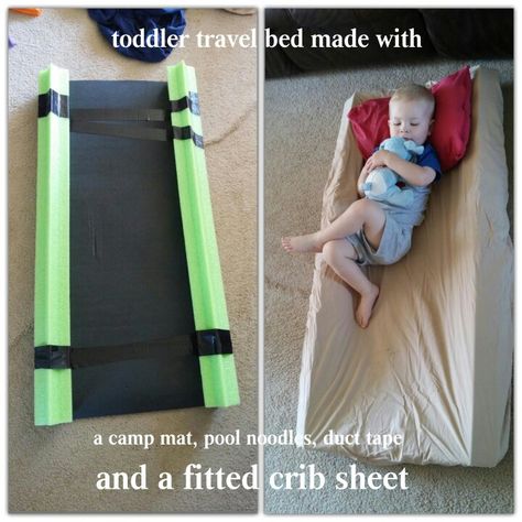 Toddler travel bed made with a camp mat, pool noodles, duct tape and a fitted crib sheet. Camping Toddler Bed, Camping Bed For Toddler, Camping With Toddlers Hacks, Toddler Camping Bed, Kids Camping Bed, Kids Travel Bed, Daycare Cots, Toddler Travel Bed, Flying Tips