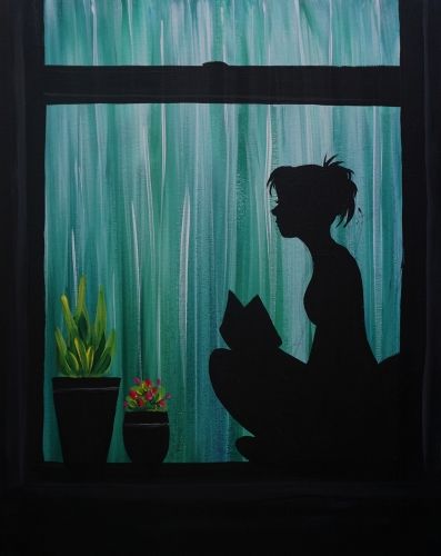 Rainy Day Reader tonight at Paint Nite Canvas Painting Ideas Silhouette, Silhouette Painting Tutorial, Canvas Silhouette Painting, Sillhoute Art Painting, Rainy Day Canvas Paintings, Painting Of Rainy Day, Silouhette Painting Ideas, Rainy Day Painting Ideas, Rainy Day Painting Easy