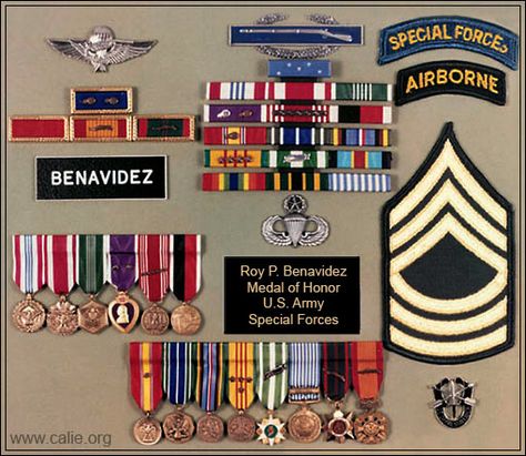 Military ribbons, medals of Master Sergeant Roy Benavidez, Medal of Honor recipient Army Medals, Military Ribbons, Military Shadow Box, Mama Earth, Medal Of Honor Recipients, Stone Store, Movie Script, Military Ranks, Army Special Forces