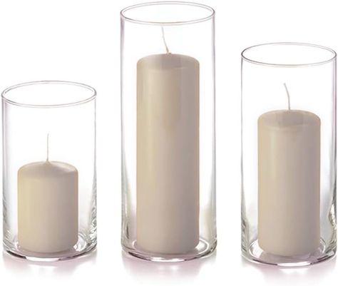 Amazon.com: Yummi Set of 36 Slim Pillar Candles and Cylinder Vases - Sandstone : Home & Kitchen Pillar Candles Wedding, Dripless Candles, Cheap Candles, Cylinder Candles, Candle Sets, White Pillar Candles, White Candle, Diy Products, Cylinder Vase