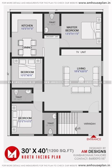 30-x-40-North-facing-3bhk-house-plan-Indian-style 30 40 House Plans, 40 X 30 House Plans, House Plan Indian Style, 30 40 North Facing House Plans, North Facing House Plan, 30×40 House Plan, 40×40 House Plans, 2 Flats Floor Plan, House Plans Indian Style