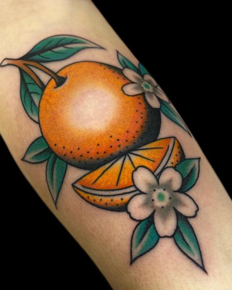 Oranges for Mikella. Thanks for braving this long session on your forearm! It’s tax return season- which means I’m booking out like crazy, and already filling up the first few weeks of April. If you want a tattoo from me but don’t want to wait two months, DM me asap! For tattoo inquiries, please DM me directly. . . . . #tattoo #tattoos #traditional #traditionaltattoo #traditionaltattoos #slc #saltlakecity #slctattoos #saltlakecitytattoos #slctattooshop #slctattooshops #saltlakecitytattoos... Neo Traditional Orange Tattoo, Cute Orange Tattoo, Blue And Orange Tattoo, Orange Tattoo Traditional, Florida Orange Tattoo, Traditional Fruit Tattoo, Orange Tree Tattoo, Oranges Tattoo, Orange Blossom Tattoo