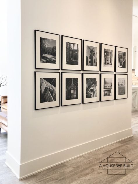 Gallery Wall On Long Wall, Vertical Frame Gallery Wall, Frame Walls Living Room, 11x14 Photo Wall Display Ideas, 8 Picture Gallery Wall Same Size, Straight Gallery Wall, Large Frame Collage, Gallery Wall Ideas 8 Frames, Gallery Wall 12 Photos