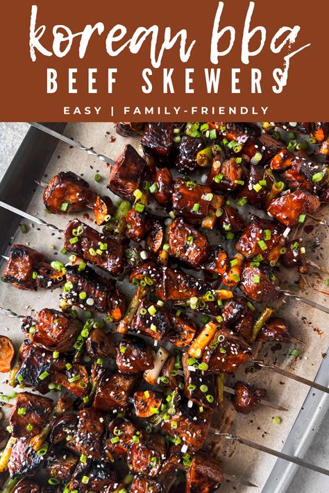 These incredibly saucy Korean BBQ beef skewers are a total lip-smacking treat! And they're easy enough to throw on the grill on any given weeknight. #koreanbbq #skewers #bbq #beef #grilling #weeknightdinner #easydinner Beef Skewers Recipes, Korean Beef Skewers, Korean Bbq Skewers, Korean Kabobs, Bbq Skewers Recipes, Korean Skewers, Beef Skewers Marinade, Beef Stake Recipe, Beef Kabobs On The Grill