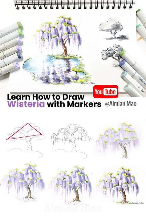 wisteria marker tutorial on Youtube Wisteria Tree Watercolor, How To Draw Trees With Markers, Colored Marker Art, Marker Art Step By Step, Wisteria Drawing Tutorial, How To Draw Wisteria, Wisteria Tree Drawing, Draw Wisteria, Marker Art Tutorial