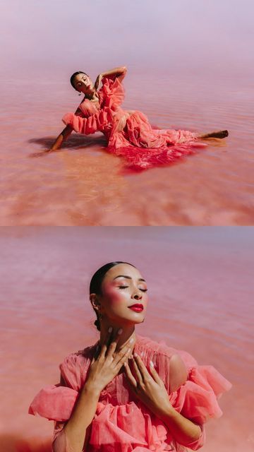 Pink Lake Photoshoot, Marina Williams Photography, Pink Photoshoot Ideas, Marina Williams, Editorial Poses, Pink Photoshoot, Pink Portrait, Water Photos, Water Photoshoot