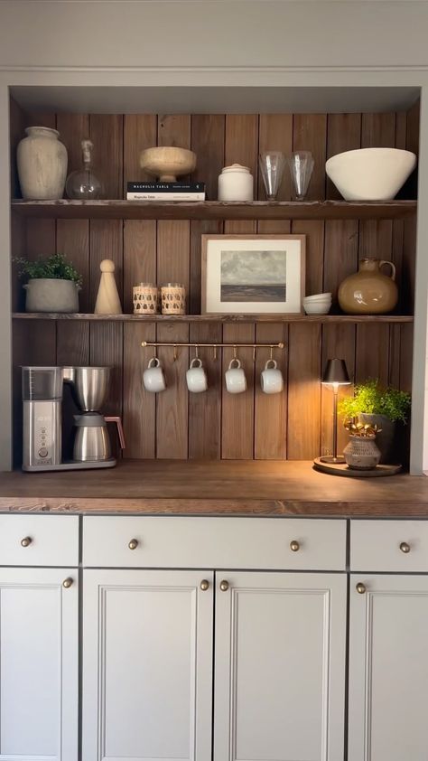 M A R L I E D E S I G N C O. | DIY COFFEE BAR with stock cabinets! #coffeebar #coffeebardecor #shelfstyling #homedecor #homestyle #diy #hometakestime #homestyling… | Instagram Coffee Cup Hanging Ideas, Shelves Above Coffee Bar, Diy Built In Coffee Bar, Exposed Shelves Kitchen Coffee Bar, Coffee Bar With Floating Shelves Farmhouse, Bookshelf Turned Coffee Bar, Vintage Coffee Bar Ideas, Stoffer Home Coffee Bar, Coffee Bar Shelves