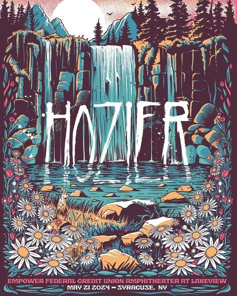 @lewyjones Had the great privilege of designing another poster for @hozier and his Unreal Unearth tour.⁣⁣ ⁣⁣ Tonight’s gig poster was inspired by the nature and waterfall surrounding Syracuse.⁣⁣ ⁣⁣ Big thanks to Cheryl and Cliff over @collectionzz for the opportunity ⁣ ⁣ Grab yourself a copy at the show tonight⁣⁣ #hozier ⁣⁣ 🌼🌻🌸🌷🌻🌼 Aqua Bedroom, College Dorm Posters, Another Poster, Unreal Unearth, Dorm Room Posters, Concert Poster Design, Gig Poster, Dorm Posters, Cute Bedroom Decor