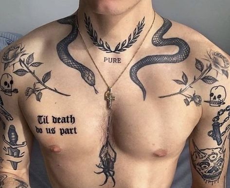 Tattoos Torso, Herren Hand Tattoos, Small Chest Tattoos, Torso Tattoos, Grunge Tattoo, Cool Chest Tattoos, Neck Tattoo For Guys, Desain Editorial, Chest Tattoo Men