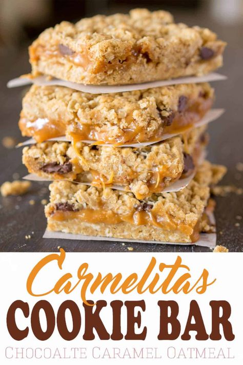 Carmelitas (Oatmeal Caramel Bars) • Craving Some Creativity Caramel Chocolate Chip Cookie Bars, Carmelitas Recipe, Caramel Chocolate Chip Cookie, Bars Dessert, Caramel Cookies Bars, Praline Recipe, Caramel Chocolate Chip Cookies, Dessert Cookies, Caramel Bars