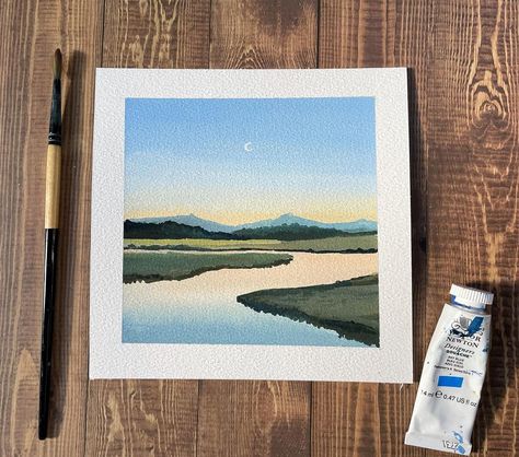 Painting Of A Painting, Sea Gouache Painting, Simple Gouache Landscape, Gouache Easy, Simple Landscape Paintings, Simple Gouache Painting, Mini Landscape Paintings, Paint With Gouache, Paintings Simple