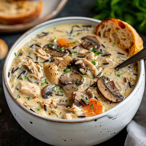 Creamy Mushroom Chicken and Wild Rice Soup Braised Chicken Breast, Chicken Breast Crockpot Recipes, Creamy Mushroom Chicken, Slow Cooker Creamy Chicken, Crockpot Chicken Breast, Mushroom Soup Recipes, Chicken And Wild Rice, Fried Chicken Breast, Cream Of Mushroom Soup