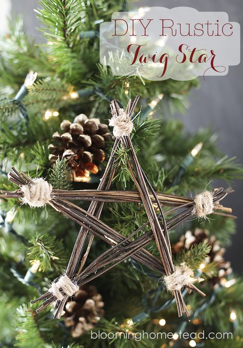 DIY Rustic Twig Star by Blooming Homestead Rustic Christmas Diy, Twig Stars, Yellow Bliss Road, Twig Crafts, Rustic Christmas Ornaments, Handmade Christmas Ornaments, Noel Christmas, Fun Crafts For Kids, Xmas Ornaments