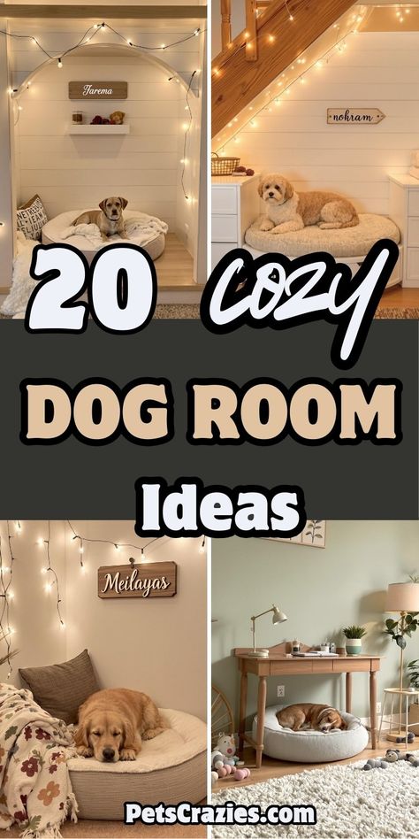 Studio Apartment Ideas With Dogs, Custom Dog Room Ideas, Inside Dog Kennel Ideas House, Dog Room Signs, Where To Put Dog Bowls In House, Dog Apartment Living Ideas, Dog Playroom Indoor, Garage Dog Room, Dog Den Ideas