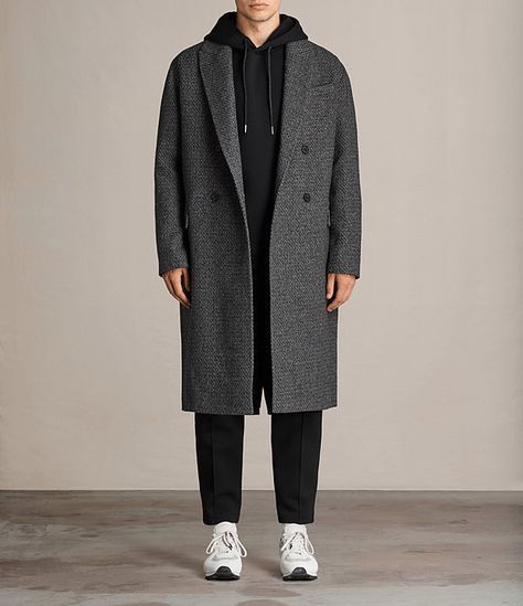 Winter Trench Coat Outfit Men, Hoodie And Coat Outfit Men, Men Wool Coat Outfit, Men Wool Coat, Trench Coat Men Outfit Street Styles, Grey Trench Coat Outfit Men, Mens Coat Outfit, Man Coat Outfit, Balmacaan Coat Men